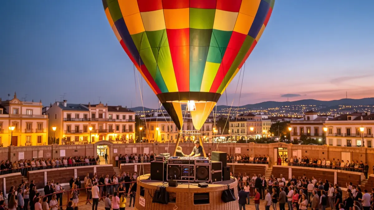 Globo aerostático convertido en escenario de DJ sobre la Plaza de Toros de La Malagueta en Málaga al atardecer.