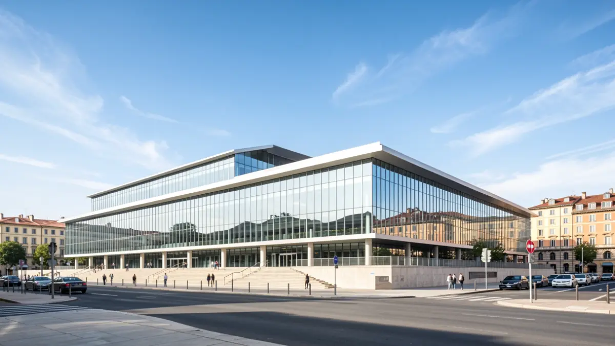 Renderizado arquitectónico de la ampliación del Palacio de Ferias de Málaga, mostrando su diseño moderno y gran escala.