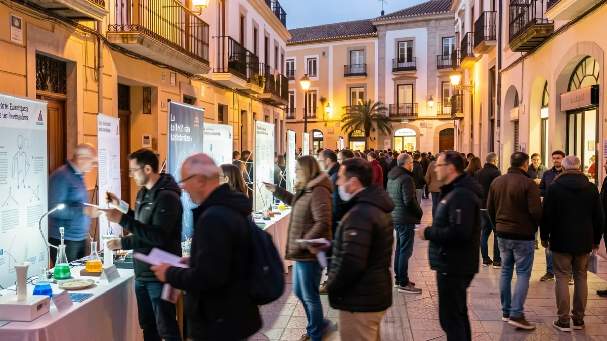 Image of the European Researchers' Night in Málaga, with people interacting with science exhibits in the street.