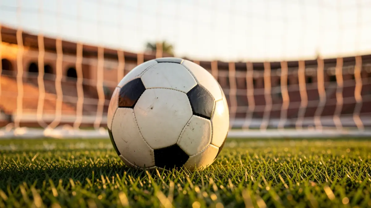 Imagen genérica de un balón de fútbol sobre césped con la red de portería desenfocada.
