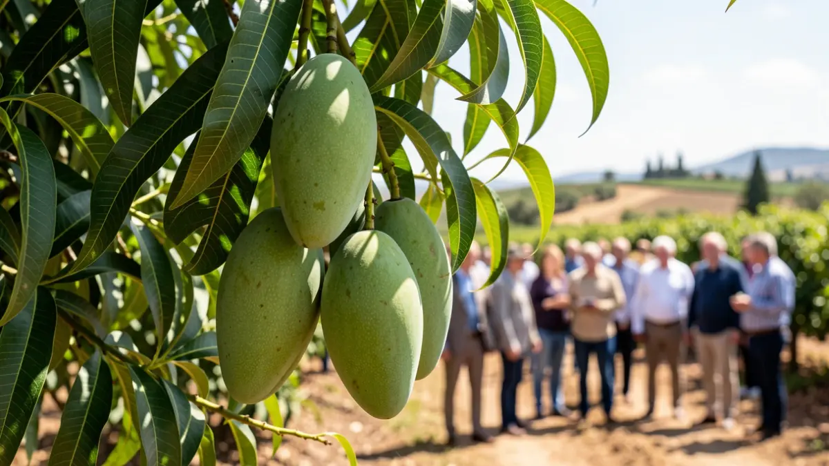 Ripe mangoes on a tree branch with intense sunlight and Andalusian agricultural landscape in the background.