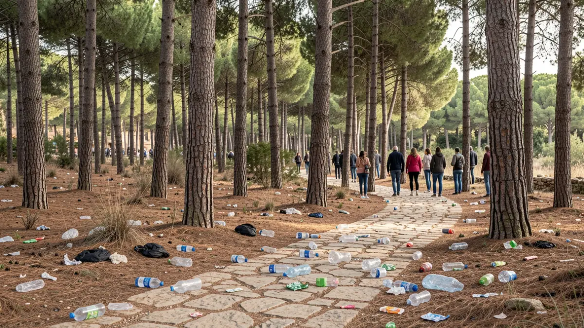 Image of a pine forest in Chipiona with scattered waste.