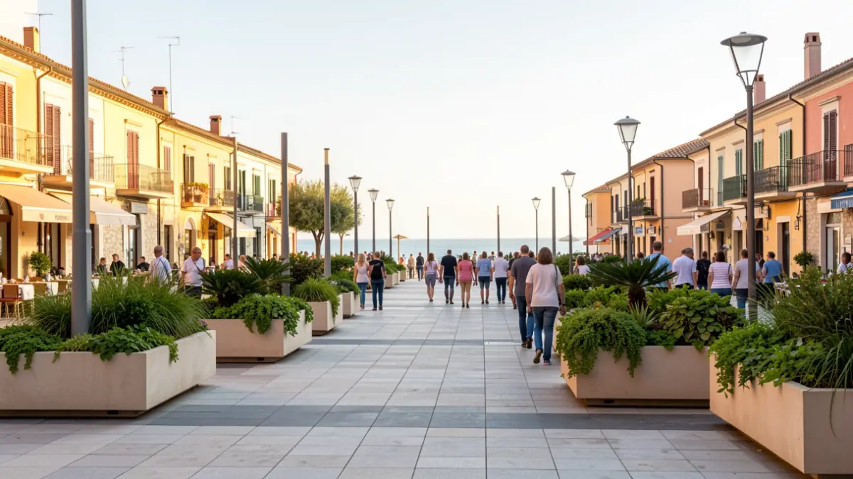 Plaza pública remodelada en un entorno mediterráneo con zonas peatonales y vegetación.