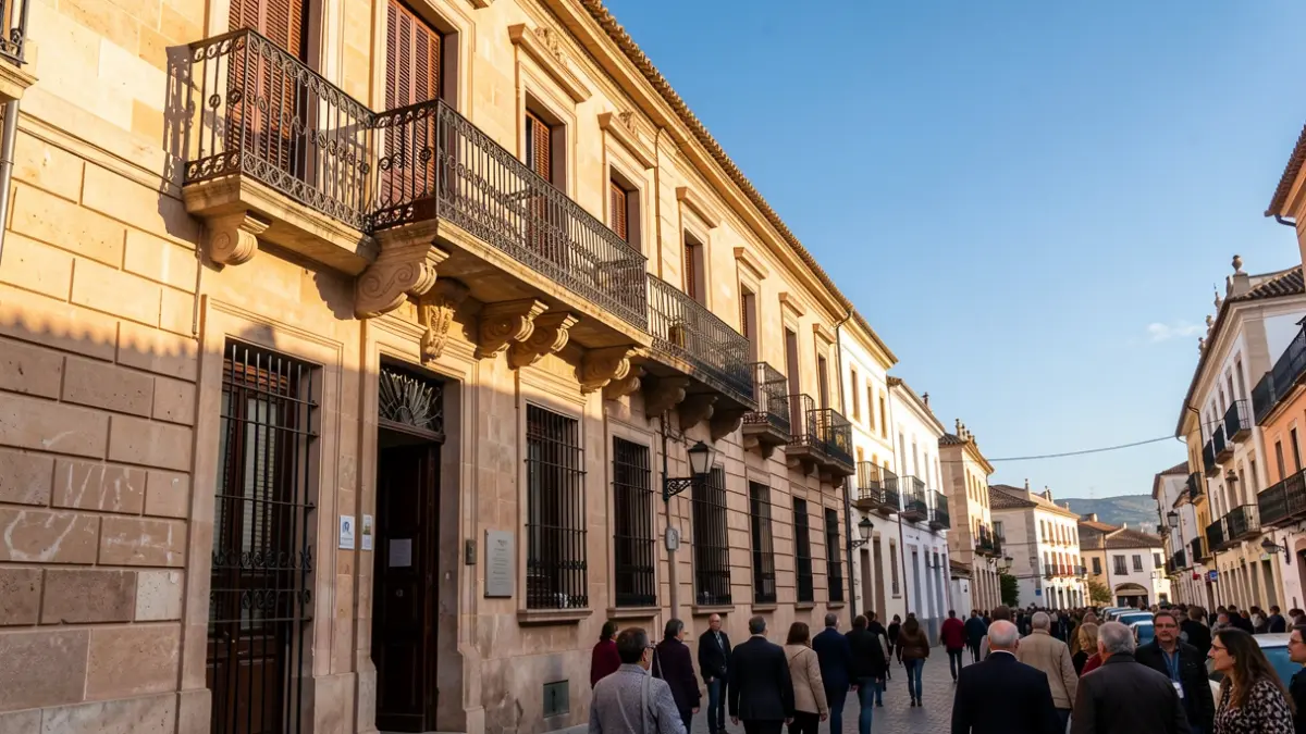 Facade of an Andalusian town hall with a balcony and iron railings, afternoon sunlight.