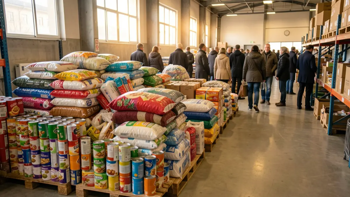 Imagen genérica de alimentos y enseres donados en un almacén municipal.