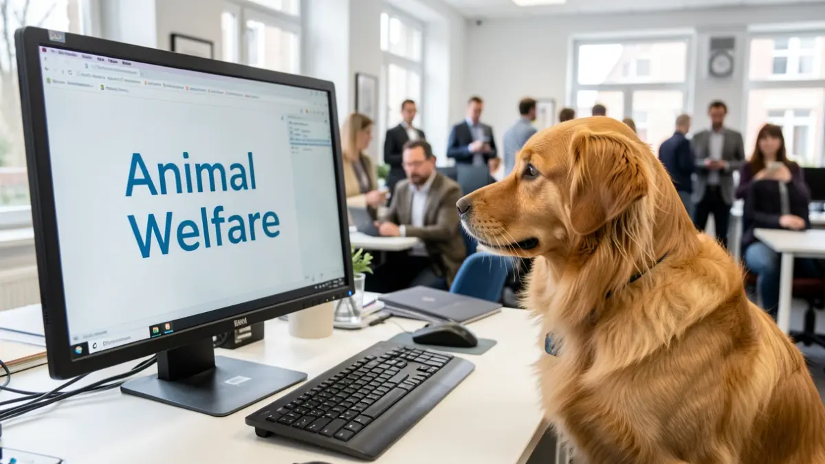 Imagen genérica de un gato y un perro mirando un banner digital sobre bienestar animal en una pantalla.