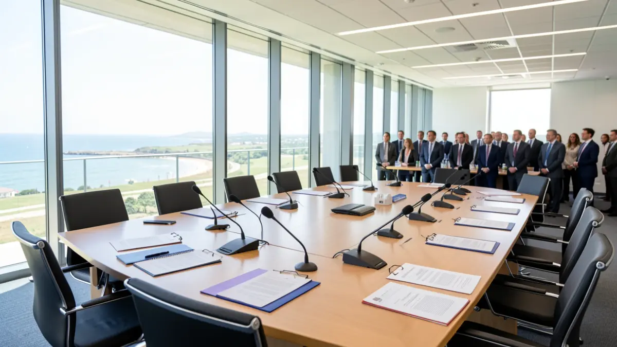 Imagen genérica de una sala de reuniones institucional con vistas a la costa.