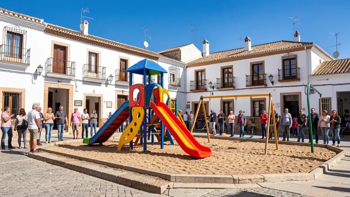 Generic image of a children's playground in an Andalusian town with white buildings and blue sky.