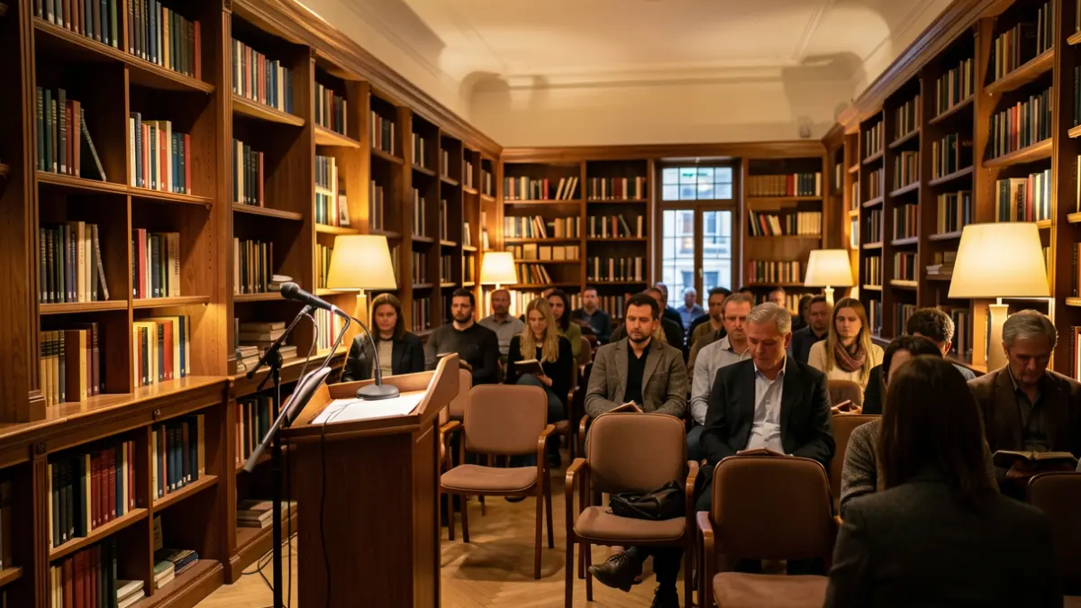 Imagen genérica de una biblioteca con estanterías de madera y ambiente acogedor.