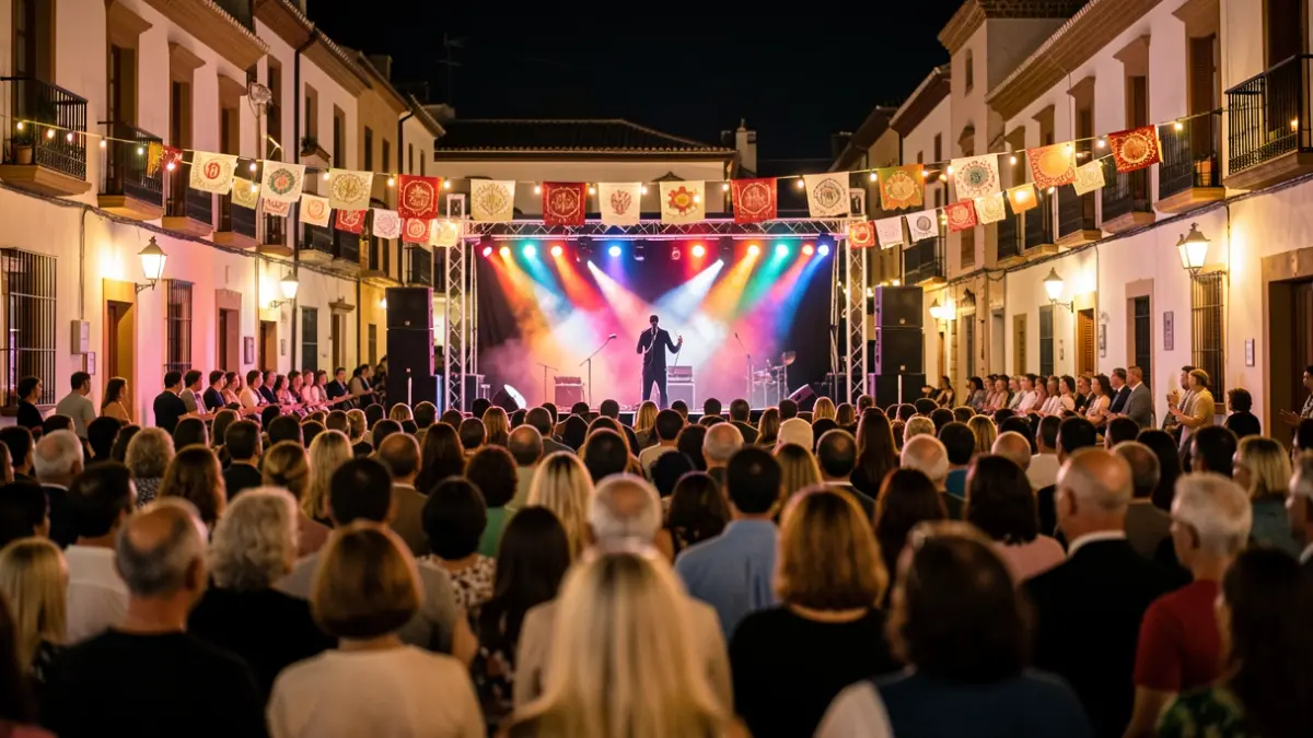 Night concert scene in an Andalusian town square during a fair.