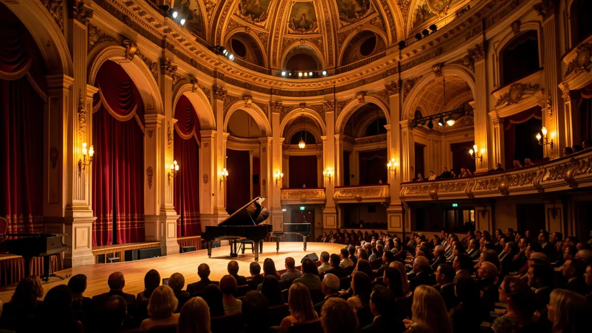 Imagen genérica de un auditorio con un piano en el escenario.
