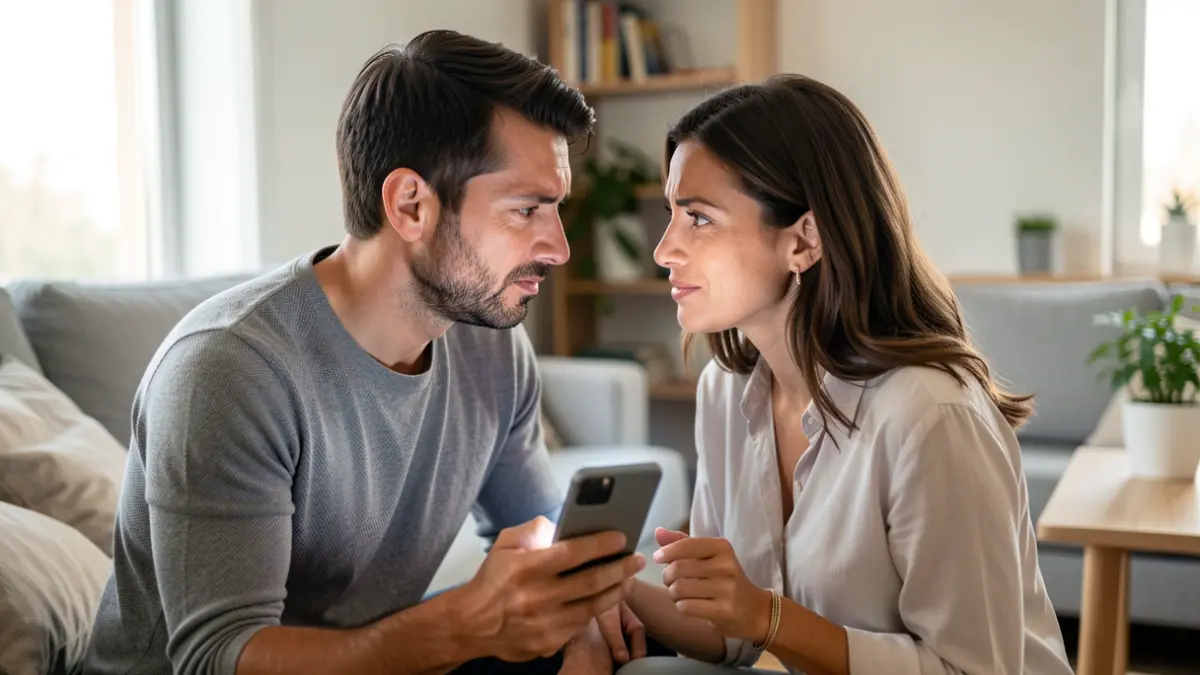 Image of a couple arguing in a modern living room, illuminated by the light of a mobile phone.