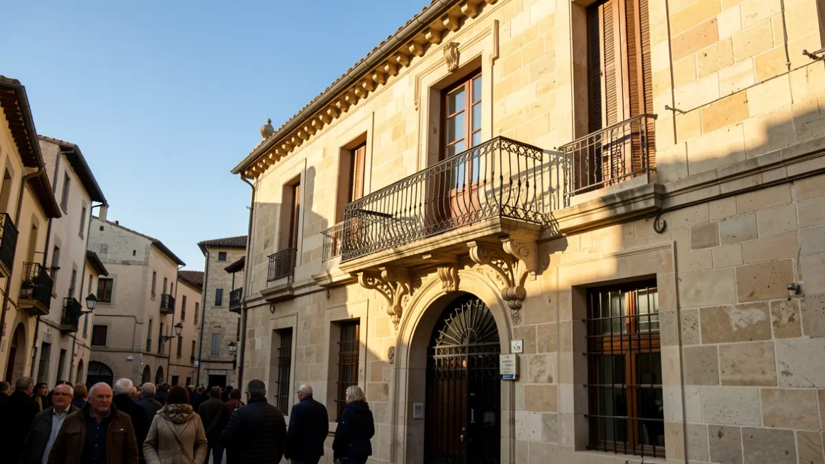 Facade of an Andalusian town hall with a balcony and iron railings, warm afternoon light, blue sky.
