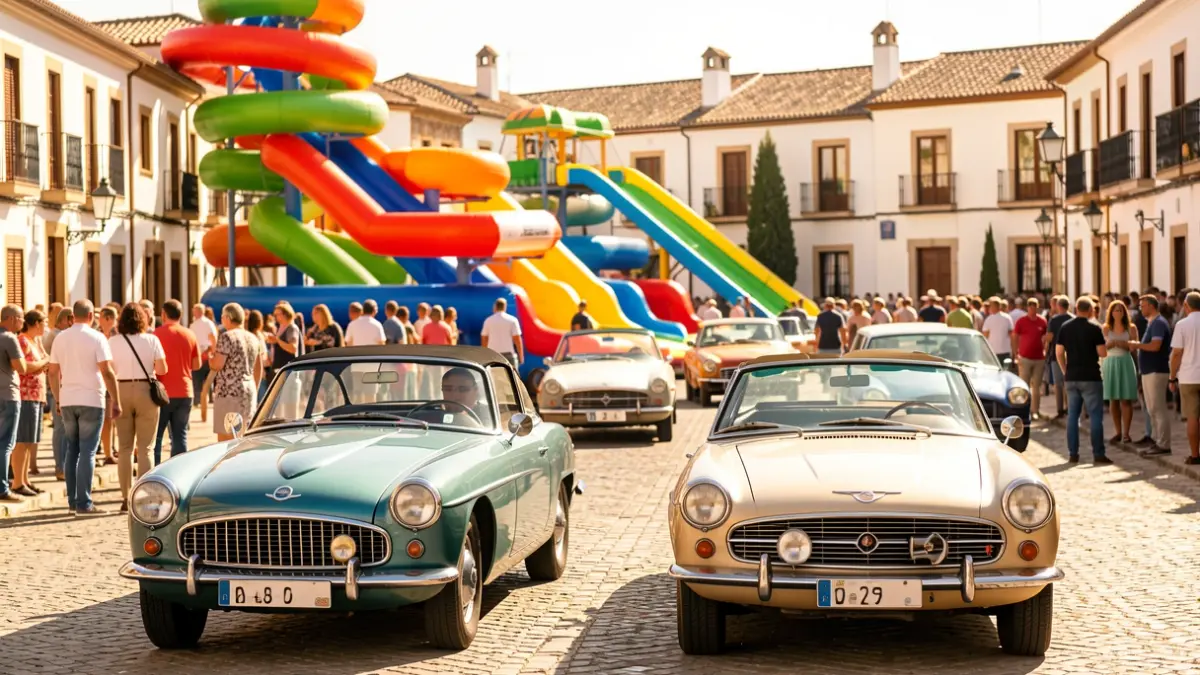 Classic car gathering with inflatables and music in Martos' Constitution Square.