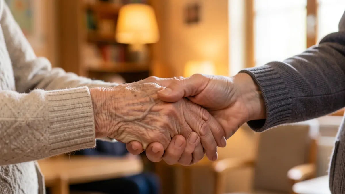 Manos de personas mayores y jóvenes unidas en un gesto de conexión intergeneracional.