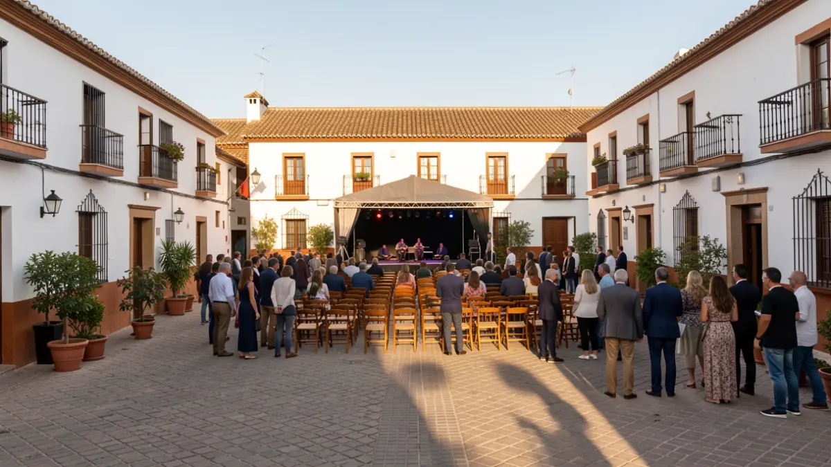 Andalusian town square prepared for an equestrian and flamenco event.