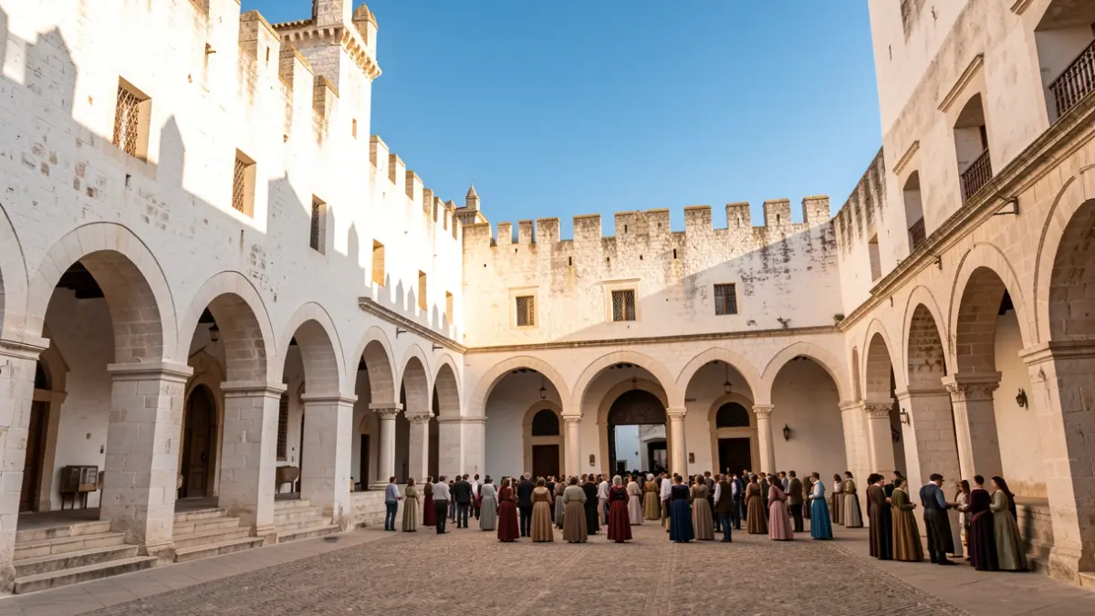 Generic image of an Andalusian medieval castle courtyard with white stone walls and blue sky.
