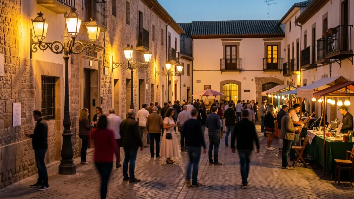 Imagen genérica de un festival cultural en un casco antiguo andaluz al atardecer.