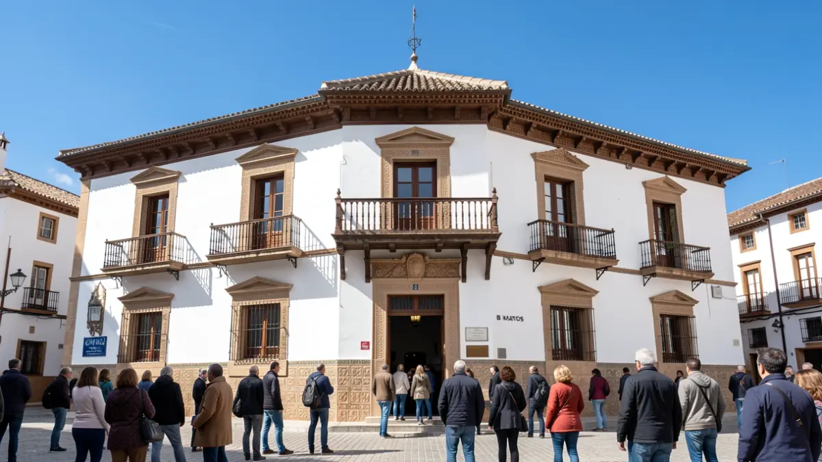 Fachada del Ayuntamiento de Martos, edificio andaluz blanco con balcón.