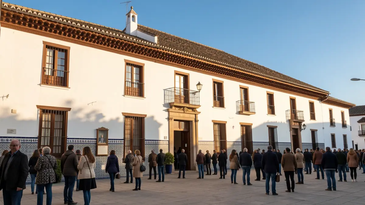 Fachada de un centro educativo andaluz con detalles de azulejos y luz cálida.