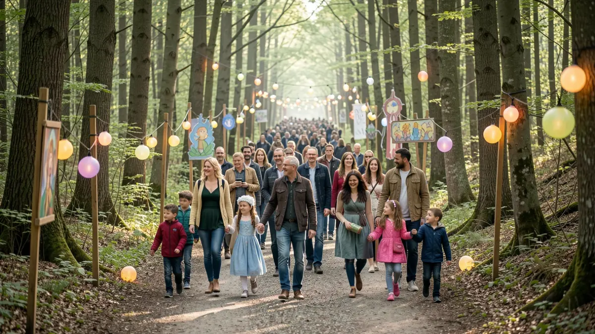 Imagen de participantes en una ruta temática de senderismo en un bosque con elementos de fantasía.