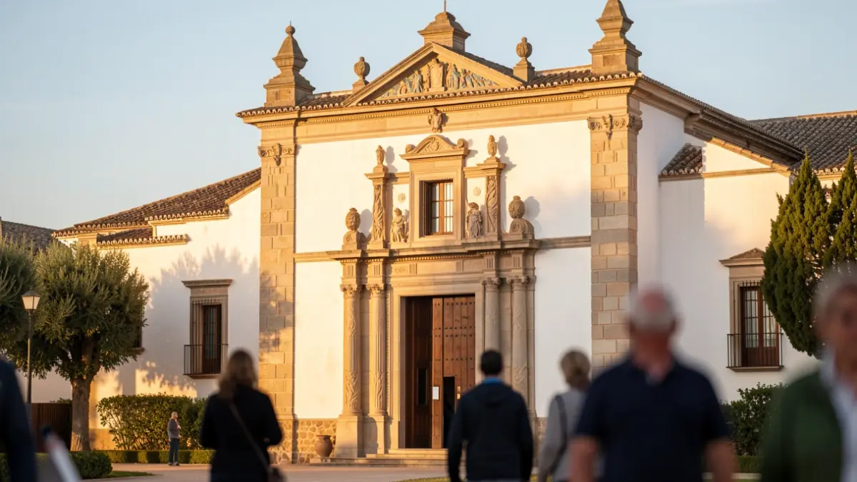 Facade of the Rocío Sanctuary with Andalusian architecture and warm light.