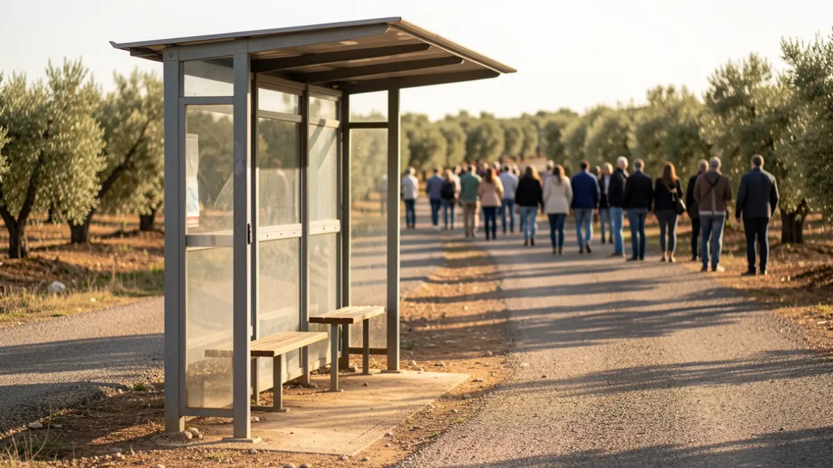 Generic image of a bus stop in a rural area of Andalusia.