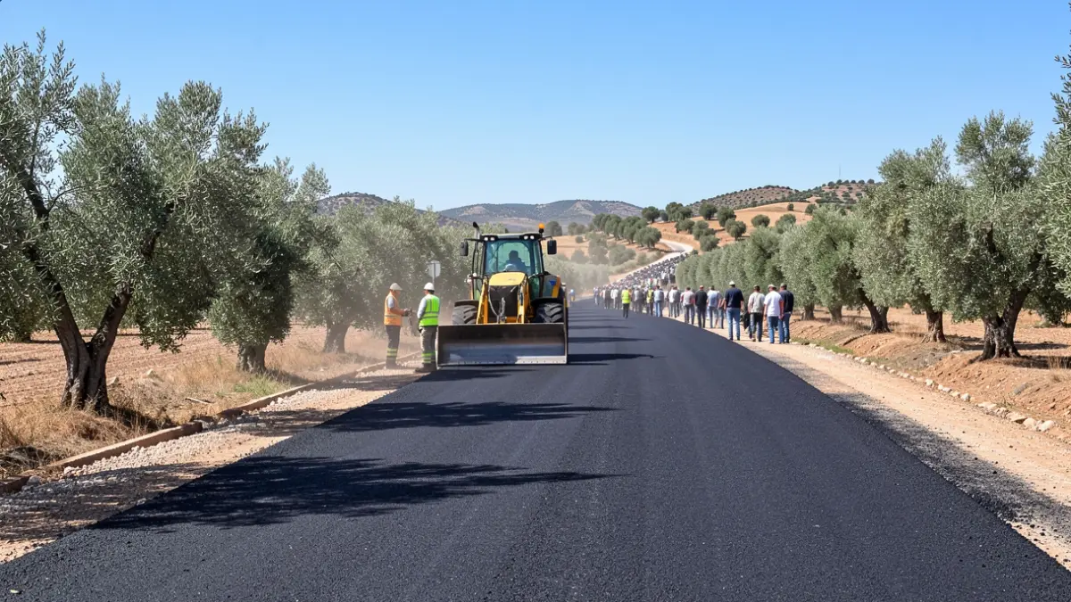 Obras de mejora del firme en la carretera A-6177 cerca de Andújar, Jaén.