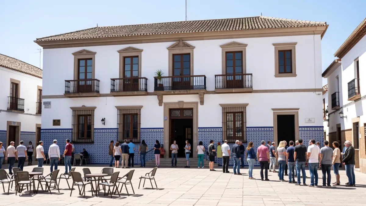 Fachada de un ayuntamiento andaluz con balcón y plaza.