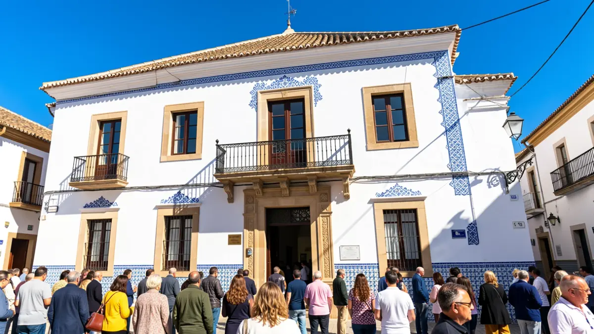 Facade of the Baza City Hall with Andalusian architectural details and a balcony, under intense sunlight.