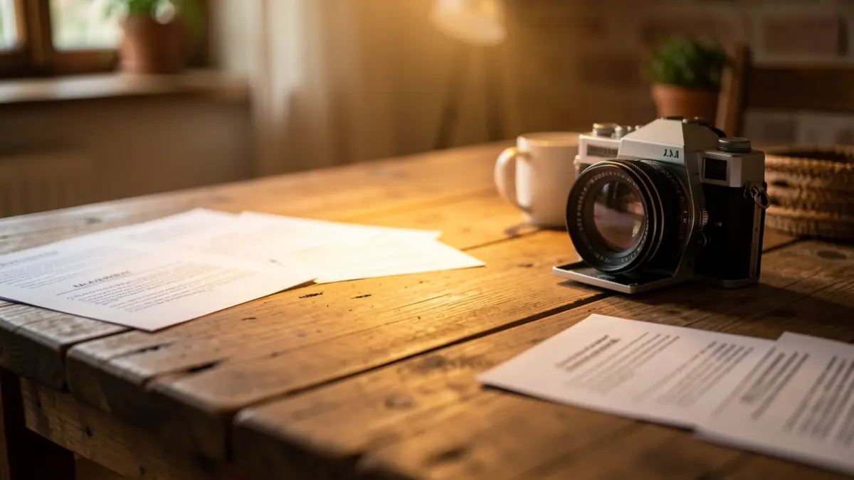 Film reel illuminating a rustic wooden table with scripts and a camera lens.