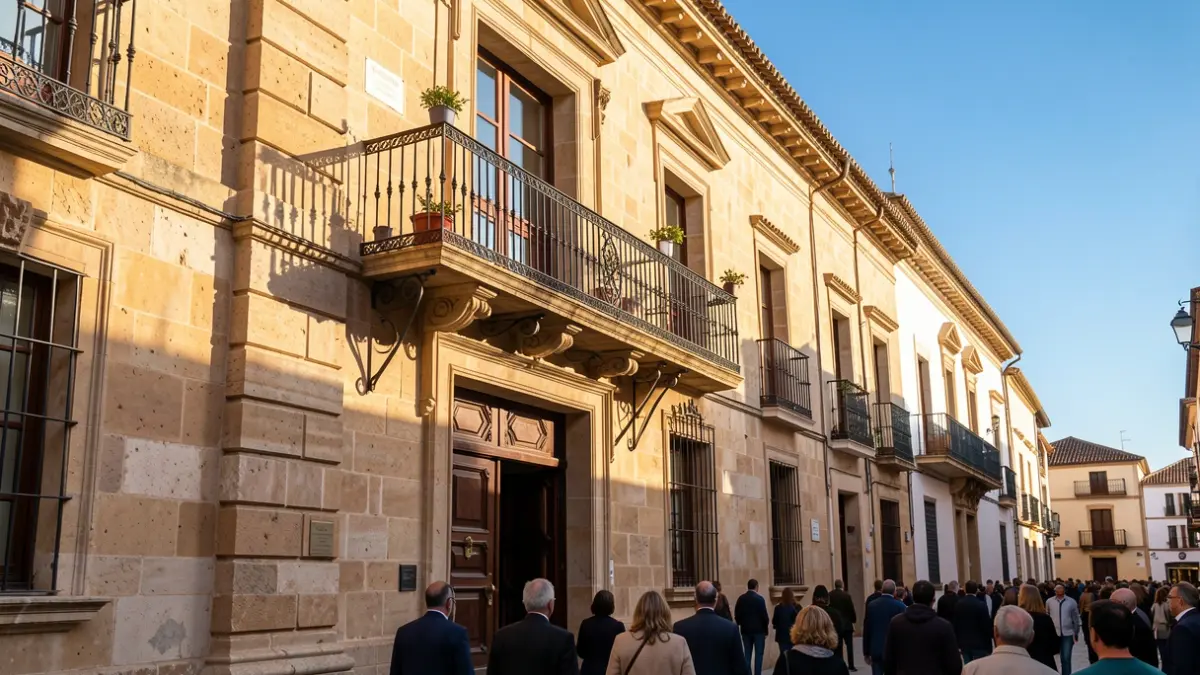 Facade of an Andalusian town hall with a balcony and iron railings, warm afternoon light.