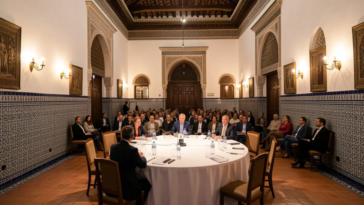 Salón de actos andaluz con mesa redonda preparada para un evento cultural.
