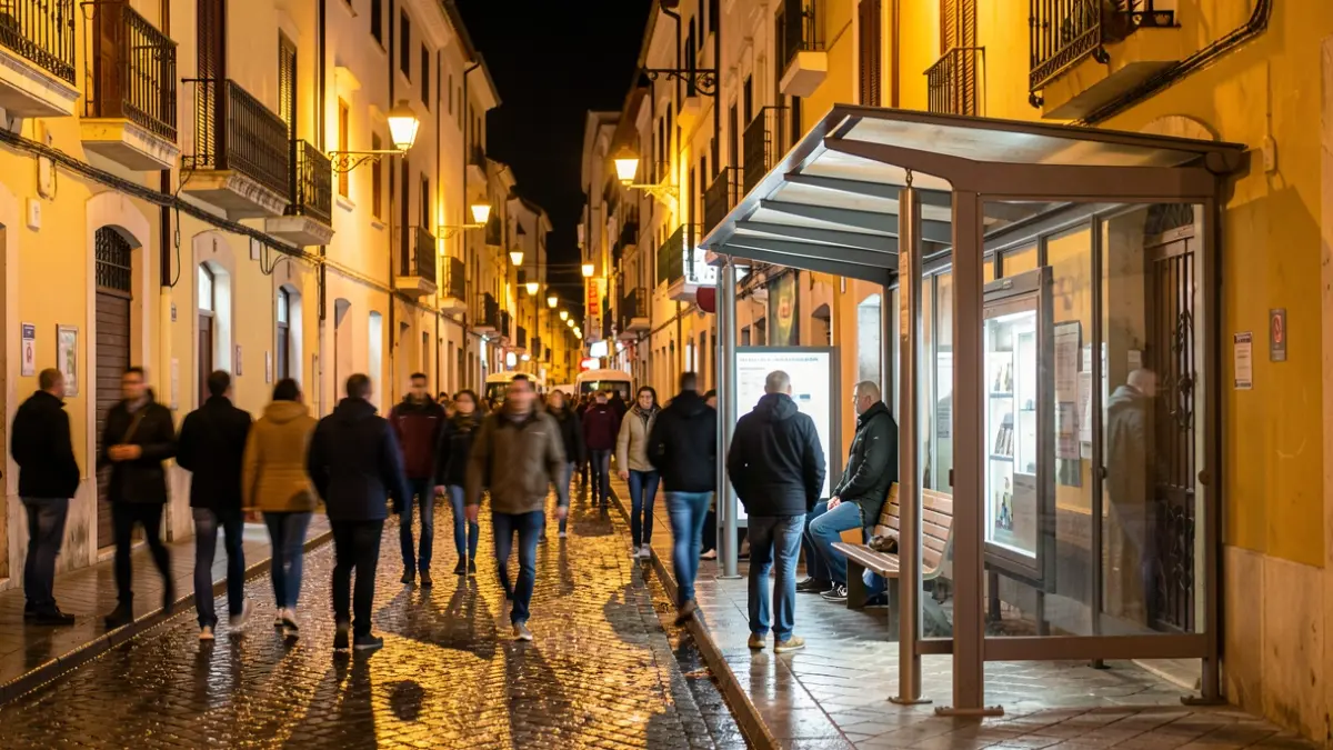 Generic image of a night bus stop in a Mediterranean town with people waiting.