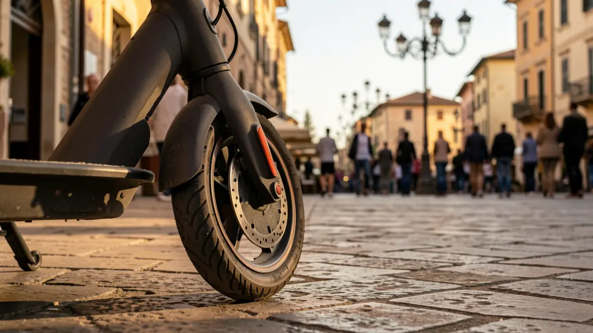Close-up of an electric scooter wheel parked in a town square in Andalusia at dusk.