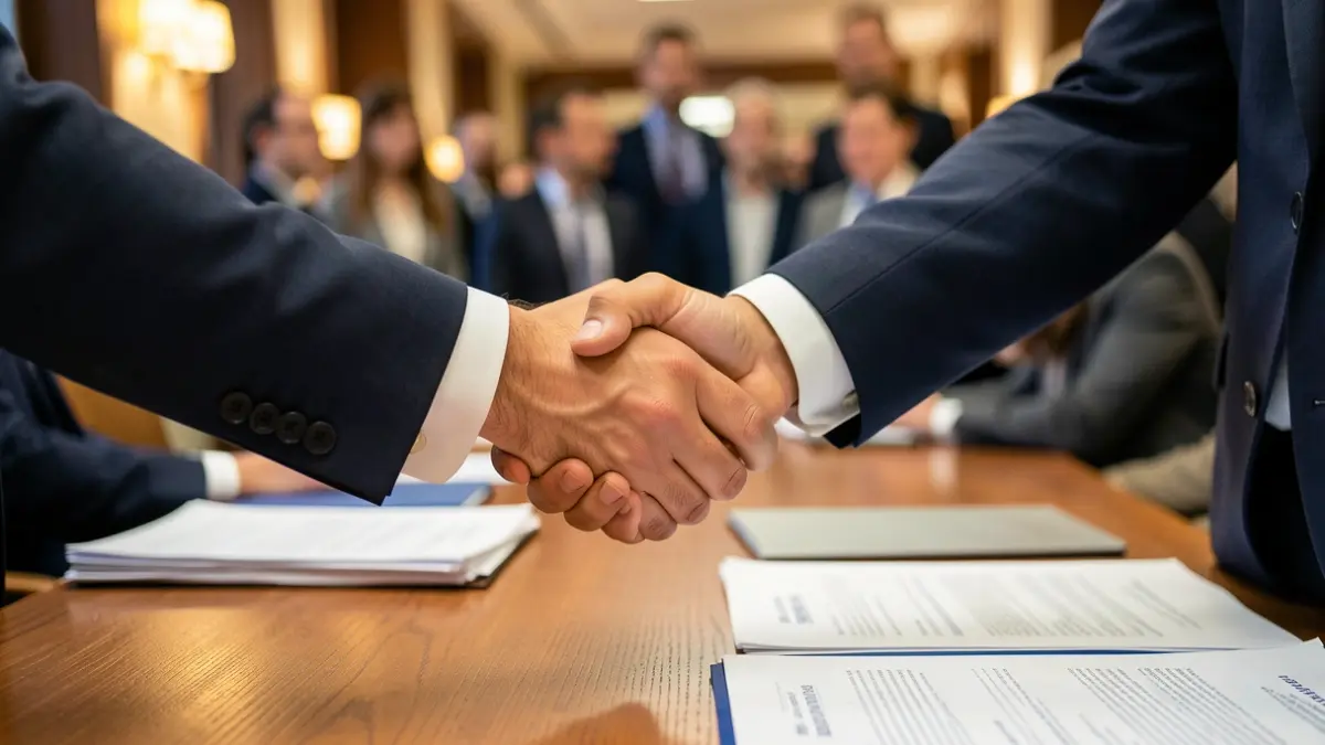 Generic image of two hands shaking over a desk with blurred paperwork.