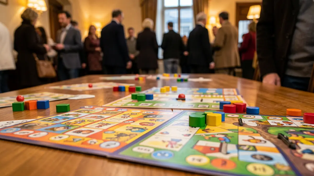Imagen de juegos de mesa y piezas esparcidas sobre una mesa de madera, representando actividades lúdicas.