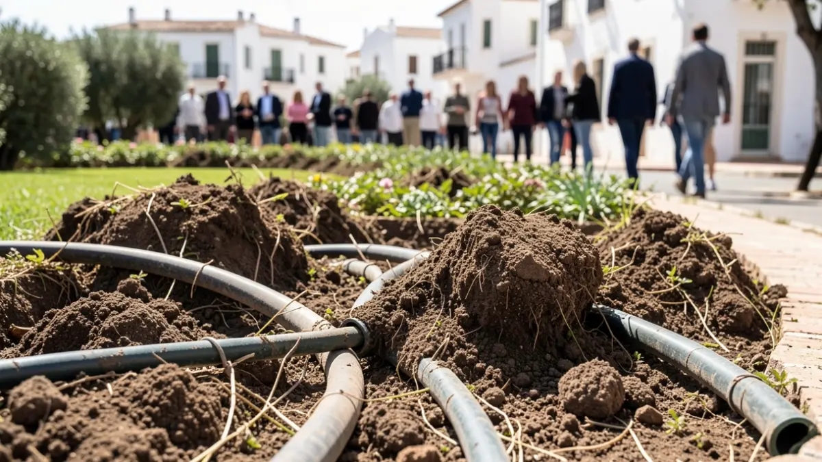 Image of a public flowerbed with soil damage and irrigation system issues caused by animals.