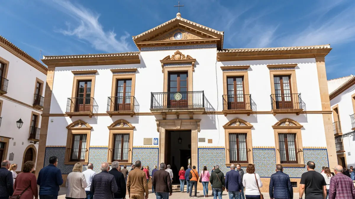 Fachada de un ayuntamiento andaluz con azulejos y balcón bajo el sol.