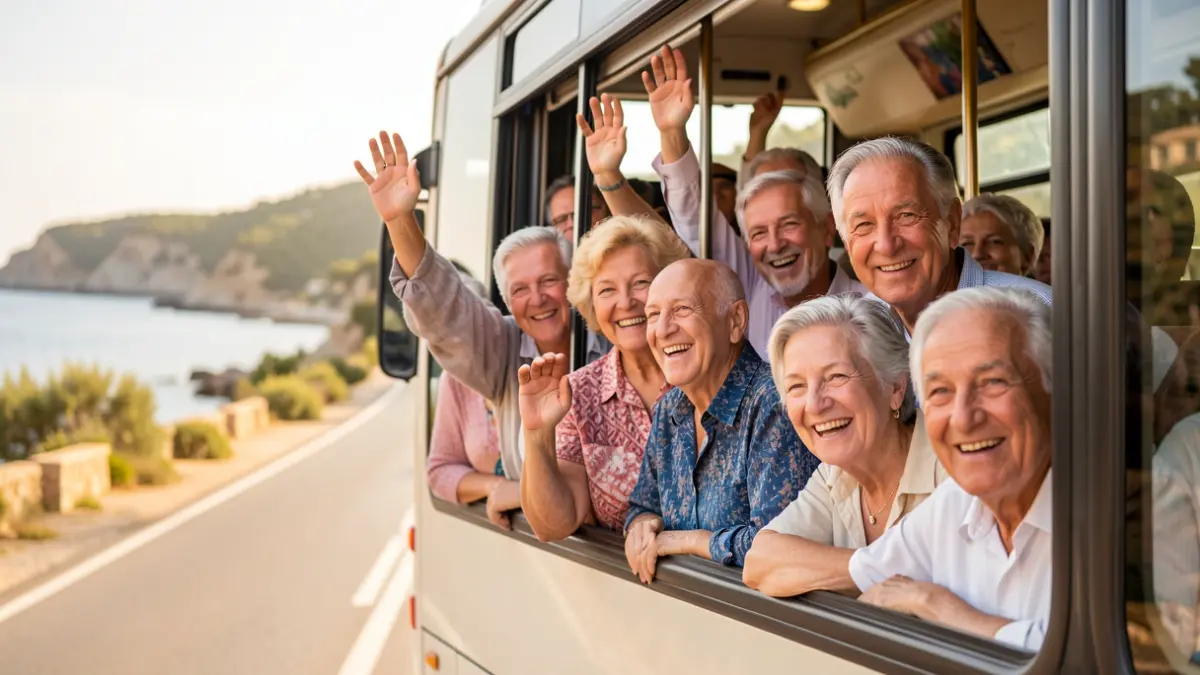 Generic image of seniors enjoying a bus trip along the coast.