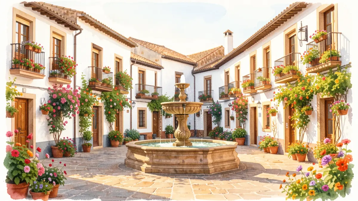 Watercolor of a Spanish town square with white buildings and flowers.