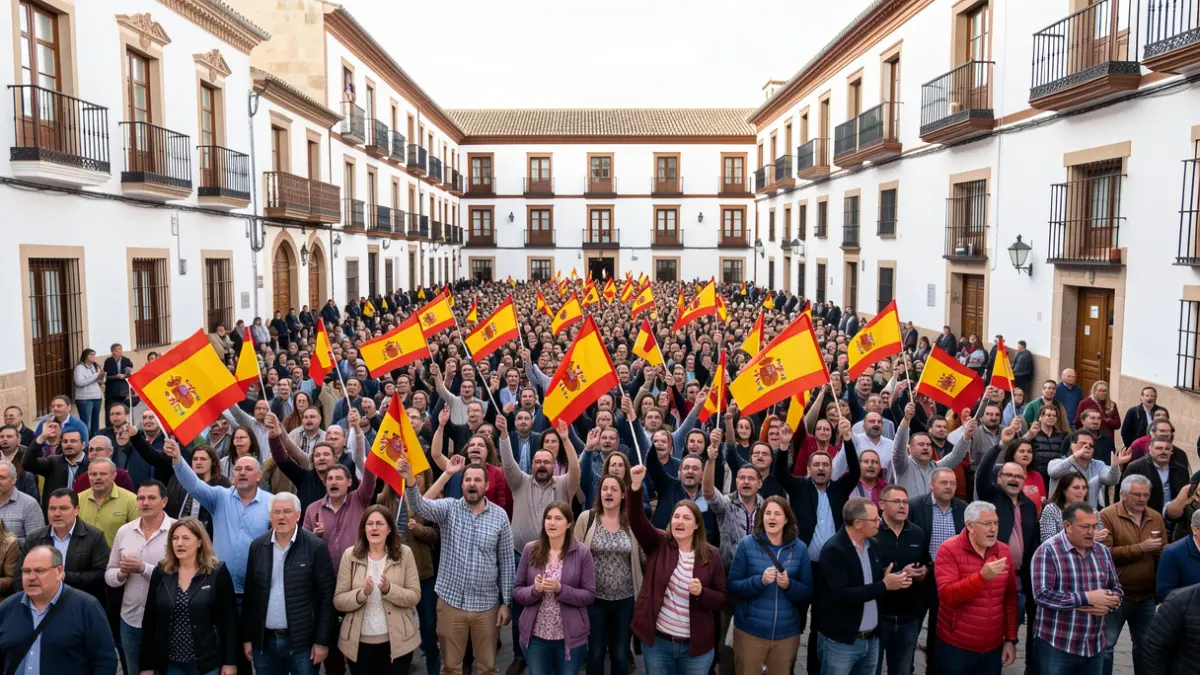 Massive concentration in Huelva's Plaza de la Constitución in support of Ceuta, with Spanish flags and chants.