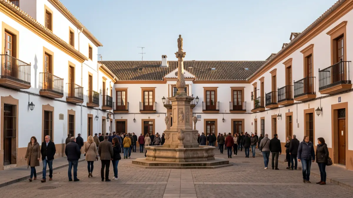 Historic Andalusian square with whitewashed buildings and ornate balconies.