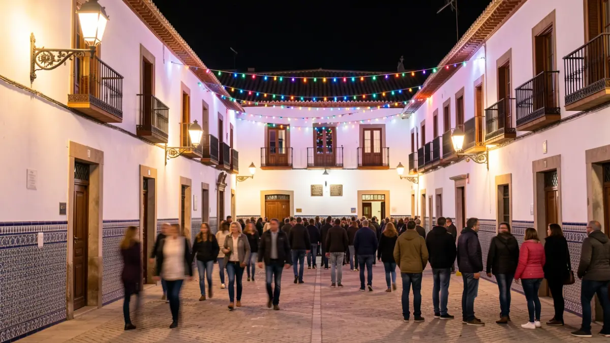 Andalusian town square at night, illuminated with festive lights and traditional architecture.