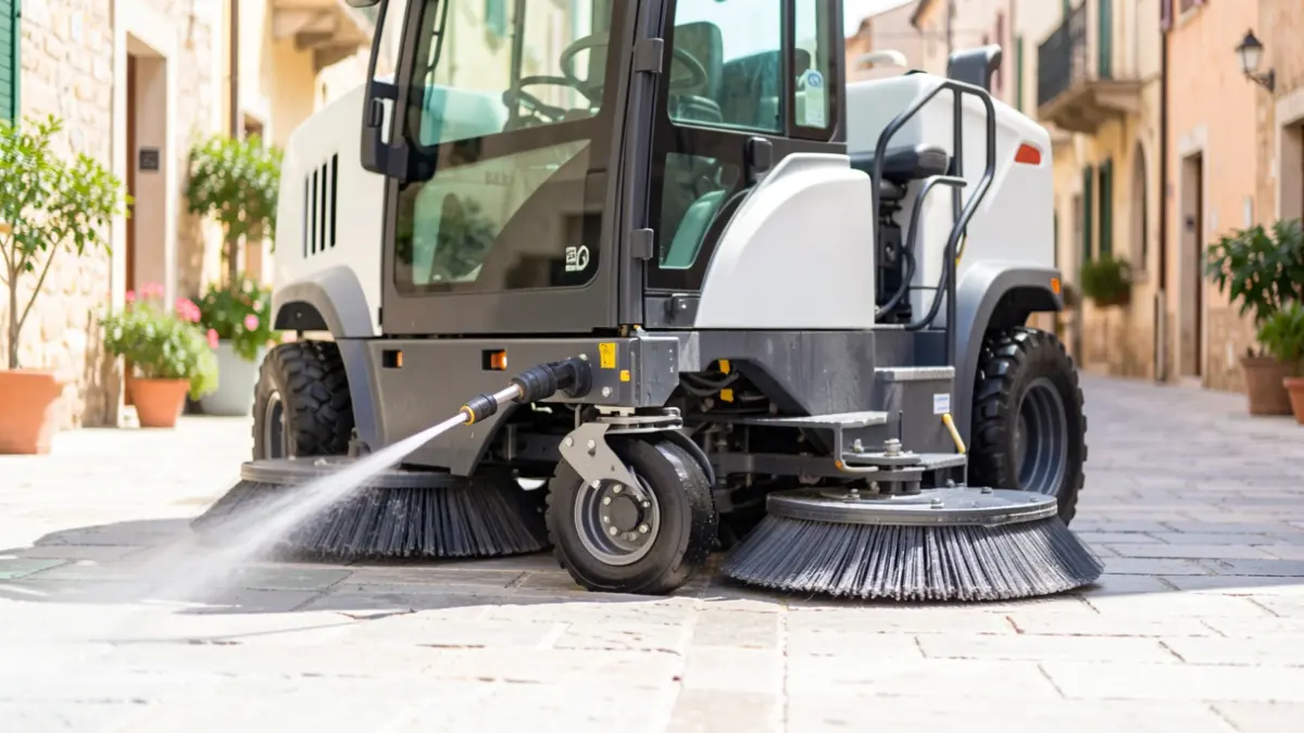 Image of an electric cleaning vehicle on a stone-paved street.