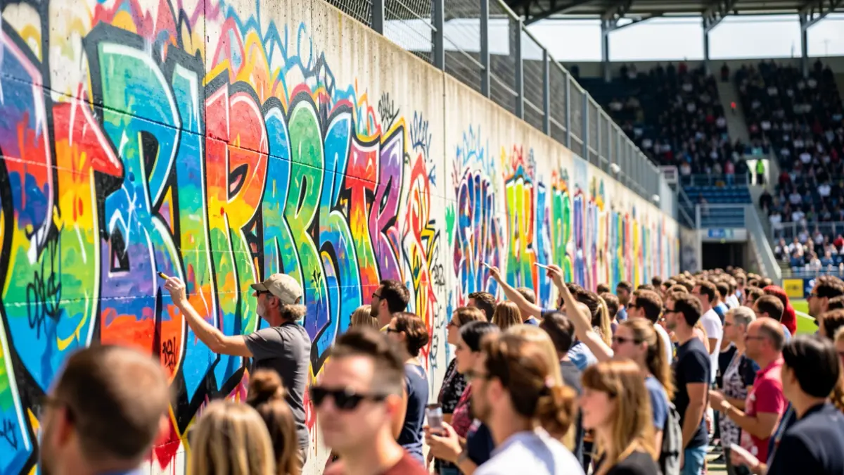 Image of artists creating graffiti at the Mojácar football stadium during the National Graffiti League.