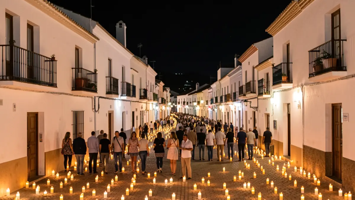 Imagen de Mojácar Pueblo iluminado por miles de velas durante la Noche de las Velas.