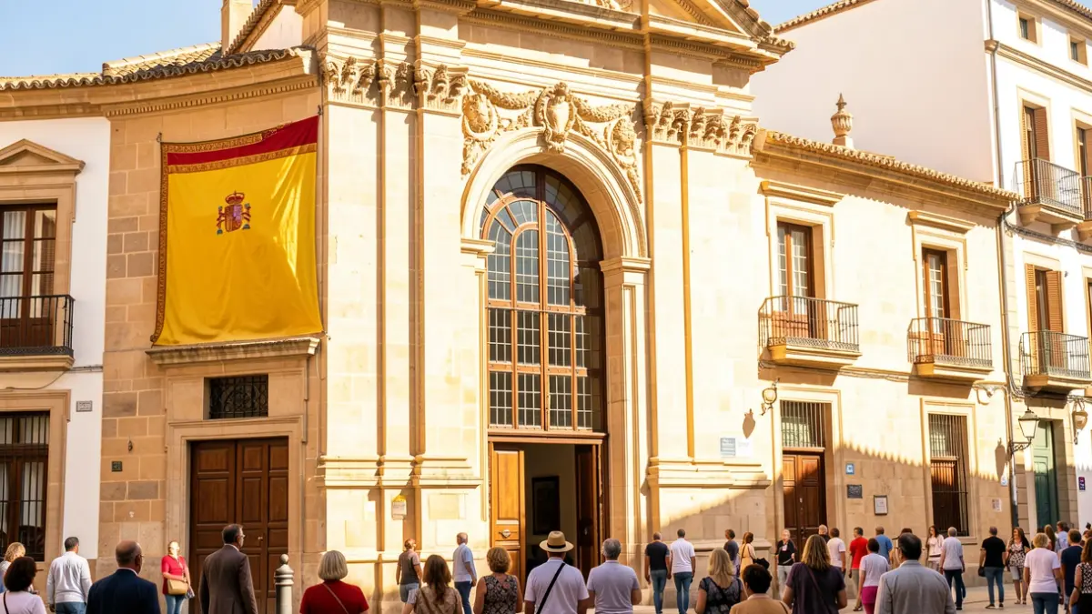 Fachada estilizada de un ayuntamiento andaluz con luz solar intensa.