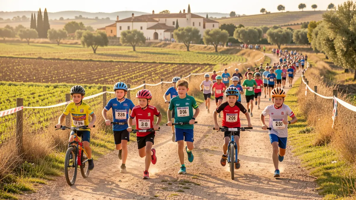 Image of children participating in a cross-country triathlon in a natural Andalusian setting.