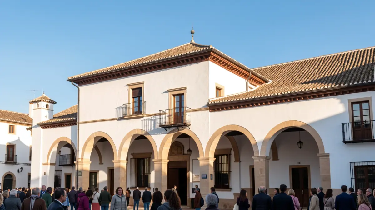 Facade of a traditional Andalusian town hall under a bright blue sky.